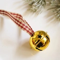 Polished gold Christmas bell with star cutouts and red-white checkered ribbon - 4cm Bright Gold Bell Red White Plaid Strap 3 Pieces
