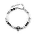 Gothic beaded bracelet with silver skull pendant and rhinestone accents on white background - Skull Beaded Bracelet (DWX1061) / Steel Color (C)