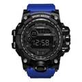 Detail of digital sport watch with blue nylon strap and multi-function black casing - 55-66F Blue