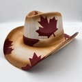 Close-up of beige cowboy hat featuring detailed woven texture and red maple leaf patterns - Beige Gradient Dark Red Maple Leaf Pattern