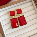 Macro shot of red geometric stone earrings with gold metal frame in a soft jewelry box - Acrylic Rectangular Geometric Patchwork Earring
