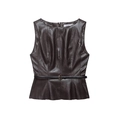 Top senza maniche marrone scuro effetto pelle con cintura sottile nera e bordo a volant - XS / Tops