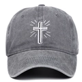 Cappellino da baseball grigio invecchiato con ricamo 3D a croce e motivo a raggi solari - Taglia unica / Grigio Lavato