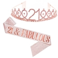 Rose gold 21st birthday crown with pink rhinestones and 21 Fabulous glittery sash - 2# Rose Gold 21 & Fabulous Set