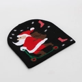 Detail of black knit beanie featuring jacquard Santa on scooter and snowflake patterns - Black-Scooter Santa Claus (#10)