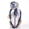 Classic navy blue and beige paisley print square hijab headscarf on mannequin - Navy Splicing