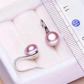 Pink purple natural pearl earrings with S925 silver hooks shown next to a measuring ruler - White Gold / 8mm Purple Natural Pearl Earrings