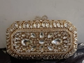 Golden evening clutch bag with crystal floral pattern and sparkling rhinestone surface - Gold White