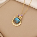 Luxuriöse goldene Halskette mit Planetenanhänger, lila Schleife und Kristallen - Schleife Mond Stil (3#)