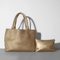 Metallic gold woven tote bag set with matching inner pouch and circular top handles - Gold