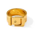 Polished 18K gold belt buckle ring in stainless steel with detailed eyelet pattern - US 6 / Gold