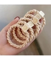 Set of five beige woven elastic hair ties with smiley face decorative square buckles - Braided Smile Tag / Beige Braid
