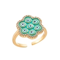 18K gold-plated adjustable flower ring with turquoise enamel evil eye and zircon details - Adjustable Open / 10116-Turquoise