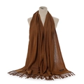 Detail shot of caramel cashmere scarf featuring fine fringe and soft knit texture - Caramel color