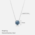 Collier chaîne en acier inoxydable argenté avec pendentif pierre bleue ronde de 7mm - Mars Bleu Clair (Couleur Aigue-marine) / Argenté