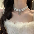 Double-layer pearl choker necklace featuring a rhinestone flower and teardrop crystal pendant - 25# Necklace - Silver Double Layer Rhinestone Flower Style
