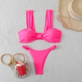 Neon pink two-piece bikini set with bow top and high-waisted bottoms on plush background - S / Rose Red