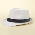 Détail du chapeau fedora classique avec rayures fines et ruban gros-grain noir - M (56-58cm) / Jaune clair