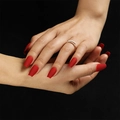 Matte red short coffin press-on nails on hands with pearl ring on black background - Matte Red (JP2231)