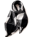 Elegant black, white and grey plaid scarf with soft fringe details for winter fashion - 180cm / Black and White