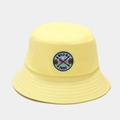 Detail of yellow cotton bucket hat featuring an embroidered Wild & Free outdoor badge - M (56-58cm) / Yellow