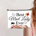 Trousse de maquillage en toile blanche avec texte 'Best Mail Lady Ever' et motifs - Style Hommage à la Factrice(jiayingpbb0410)