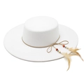 Elegant white flat top wool felt boater hat with feather pendant and decorative beads - M (56-58cm) / White
