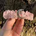 Handmade pink crystal crown headband with silver moon and star charms on natural bark - Light Pink