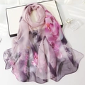 Elegant long silk scarf for women featuring light purple floral print on soft chiffon fabric - Ink Lotus Purple