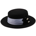 Retro wool boater hat for women with light blue ribbon and pearl bow ornament - M(56-58cm) / Black