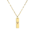 Detail view of a gold-plated necklace featuring a letter V pendant with colorful stones - Letter V
