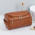 Portable brown PU leather makeup bag with dual zippers and handle for travel - Hanging Style / Brown
