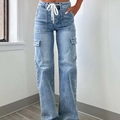 Jean cargo femme taille haute bleu clair avec cordon de serrage et poches latérales - L / Bleu clair