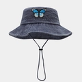 Detailed macro view of dark grey denim bucket hat with butterfly embroidery and chin strap - One Size / Navy Blue