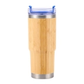 Bamboo shell vacuum insulated coffee cup with blue plastic lid and stainless steel base - 30oz Bamboo Shell Car Mug