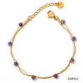 Double-layered gold stainless steel bracelet with purple round stone beads and lobster clasp - Purple Natural Stone Bracelet (SAK911)