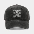 Detail of embroidered It Took Me 80 Years text on washed cotton baseball cap - 80th Birthday Style - Black