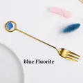 Creative dessert fork with gold plated finish featuring a natural blue fluorite stone - Blue Fluorite Fork - Gold