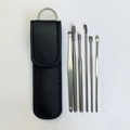 Kit de 6 cure-oreilles en acier inoxydable avec étui en cuir noir pour le soin des oreilles - Étui en cuir noir / Ensemble de 6 pièces