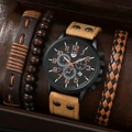 Men's quartz watch and leather bracelet set with brown rivet strap and black dial - Light Brown Set (1 Watch + 3 Bracelets)