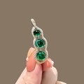 Elegant gold bow brooch with three green jadeite gemstones and sparkling zircon pavé - 298# Gourd