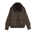 Women's faux leather flight jacket with dark fur collar and large pockets in dark brown - XS / Camel