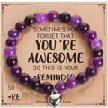 Handmade purple natural stone beaded bracelet with silver heart charm on reminder card - Purple Jade Heart Message Style (With Card)