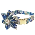 Floral pet collar with blue flower pattern, large pearl accent and gold metal buckle - Collar + Pearl Flower / Size XS(19-28cm) / Sky Blue Floral
