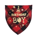 Détail de l'imprimé doré Birthday Boy sur bandana pour chien en coton à carreaux rouges - M: Convient au Cou 20-42cm / Rouge Carreaux Garçon
