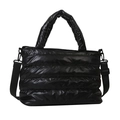 Black quilted space cotton bucket bag with wide shoulder strap in casual puffy style - Black