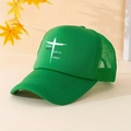 Detail der grünen Mesh-Trucker-Kappe mit weißem Kreuz und Motivations-Aufdruck - Einheitsgröße / Grün