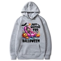 Grey Halloween hoodie with pumpkin and skull print and Just Waiting text in size M - Light Gray