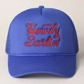 Detail of blue trucker hat featuring red Howdy Darlin' embroidery and braided rope decor - One Size / Royal Blue
