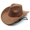 Classic brown faux suede western cowboy hat with decorative leather band and wind rope - M (56-58cm) / Light Coffee